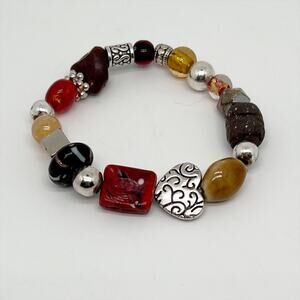 Handmade Multicolor Beaded Silver Tone Stretch Elastic Bracelet Hand Crafted